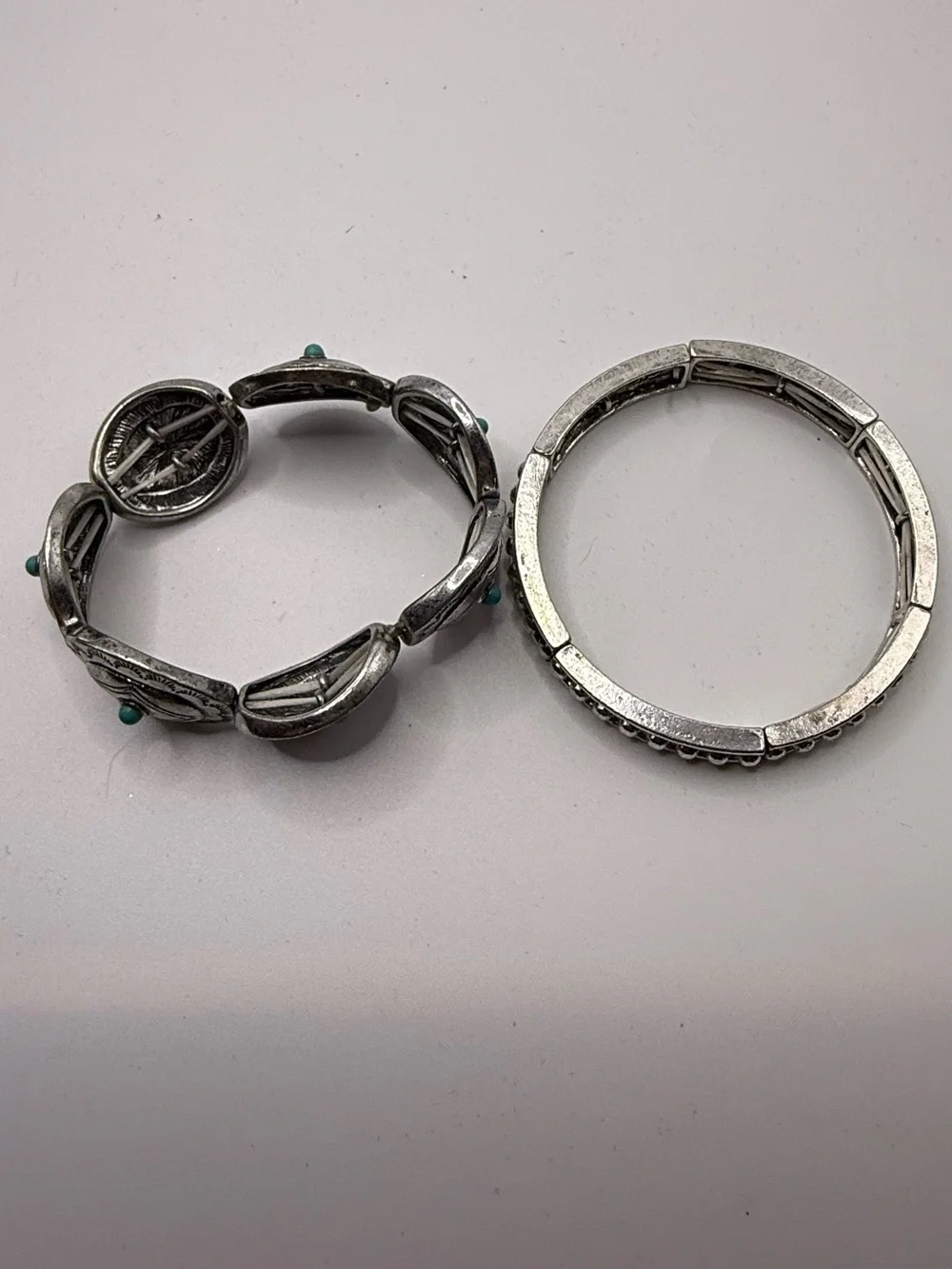 Silver Tones Faux Turquoise Concho Cuff Bracelet - Silver Beaded Stretch Set 2